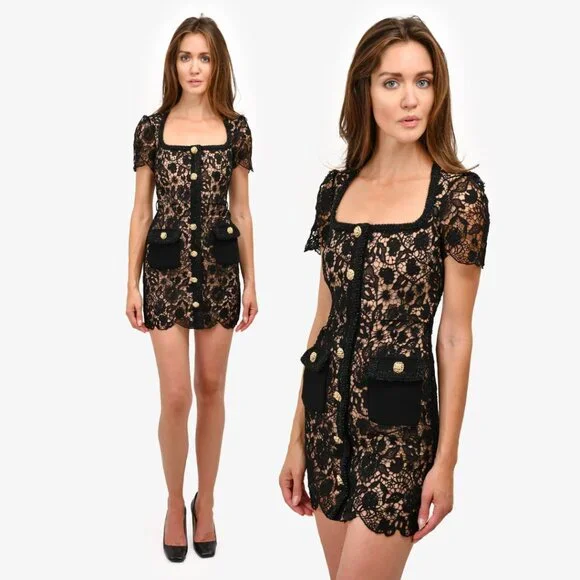 NWT Self-Portrait Guipure Lace Mini Dress In Black Gold-tone Buttons Square Neck - Picture 1 of 7